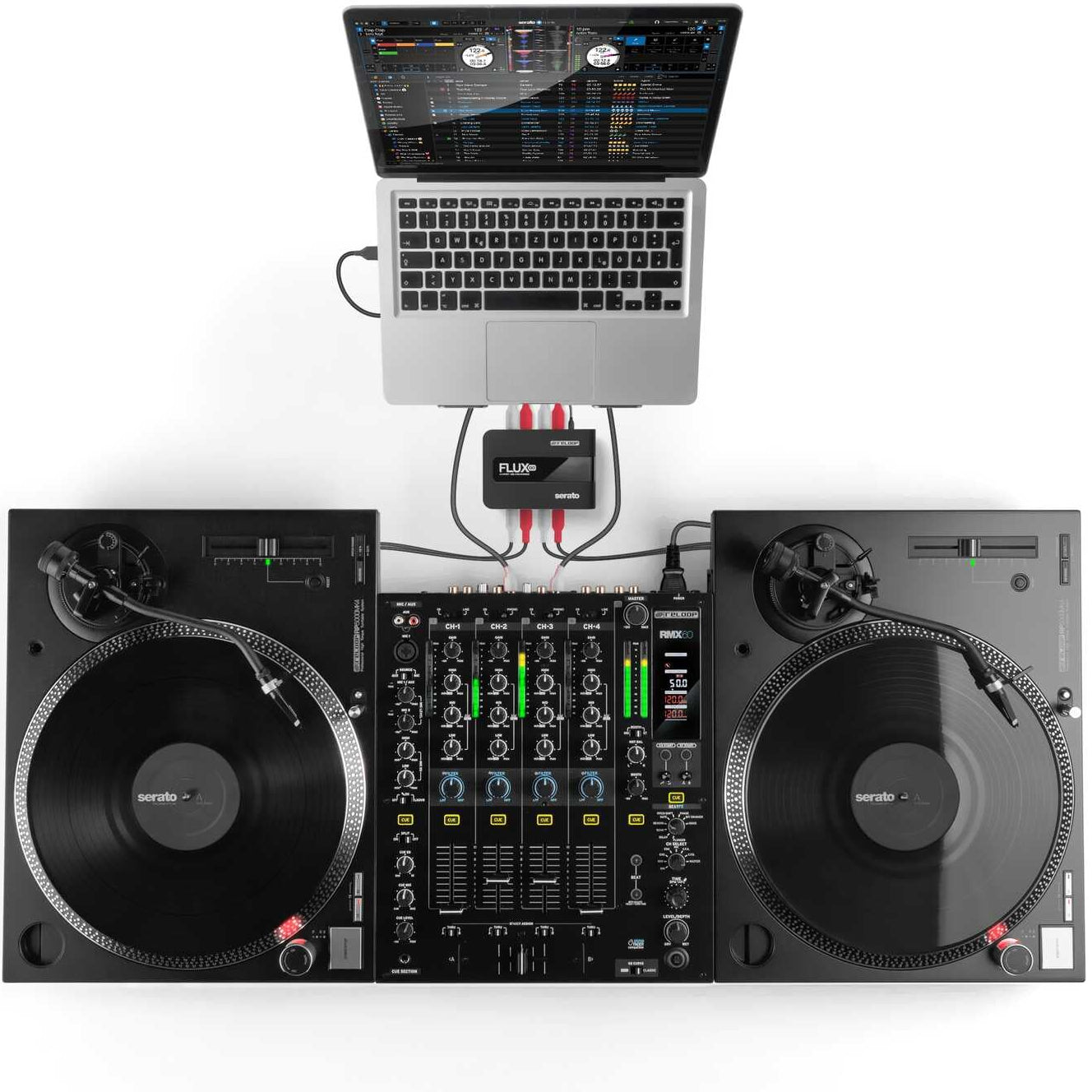 Reloop Flux Go USB audio interface with multiple input and output ports, compact design, and professional controls.