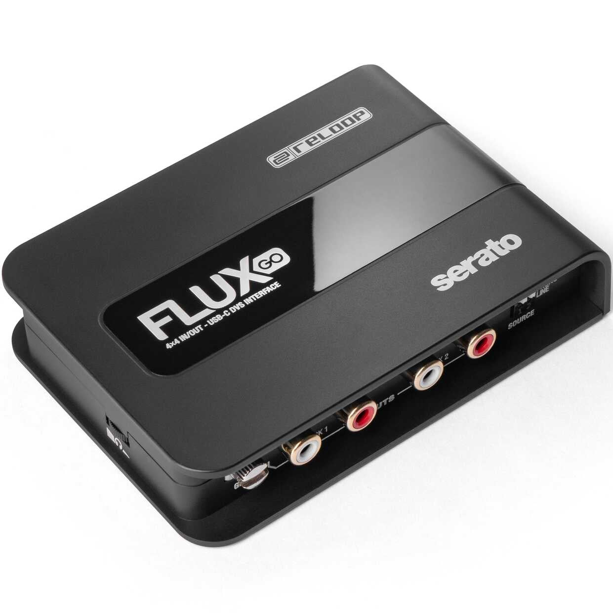 Reloop Flux Go USB audio interface with multiple input ports and compact design, used for music production and live recording.