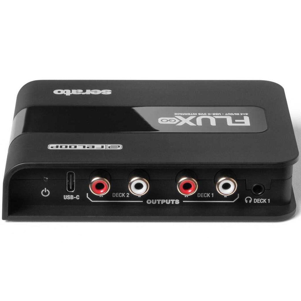 Reloop Flux Go USB audio interface with multiple input/output ports and compact design for music production and recording.