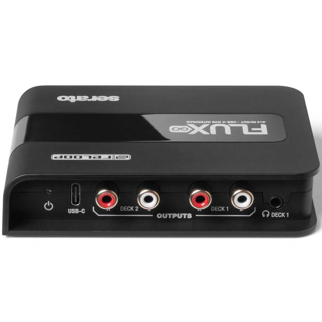 Reloop Flux Go USB audio interface with multiple input/output ports and compact design for music production and recording.