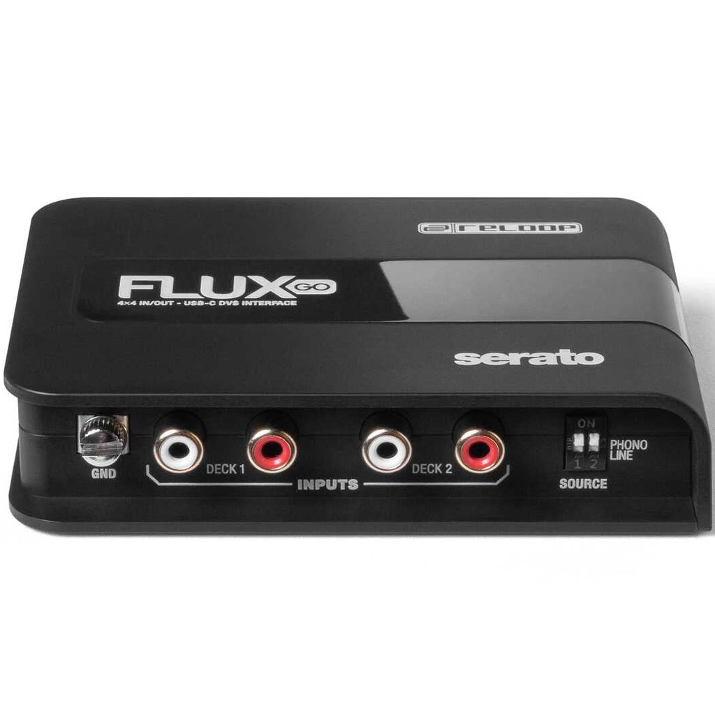 Reloop Flux Go USB audio interface with multiple input/output ports and compact design, shown in the image.