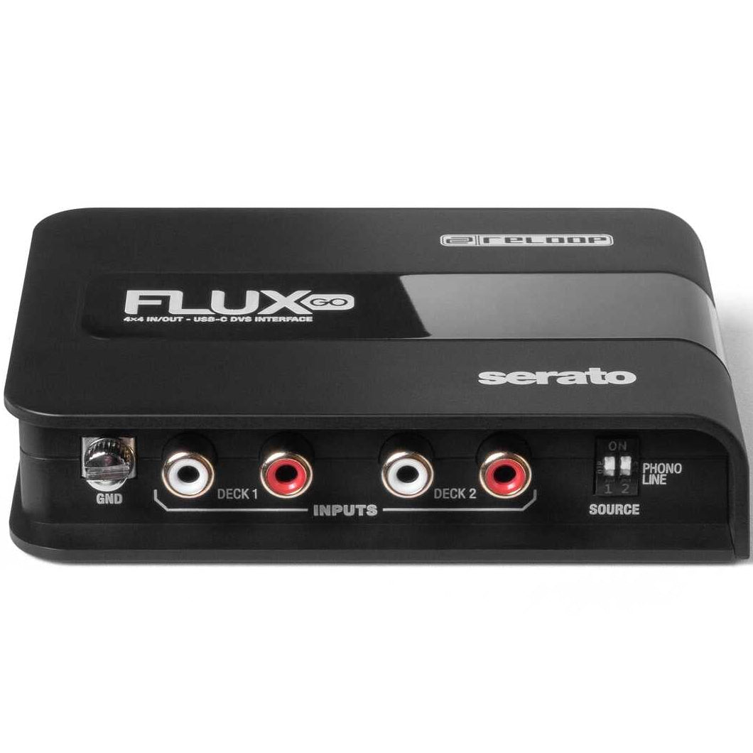 Reloop Flux Go USB audio interface with multiple input/output ports and compact design, shown in the image.