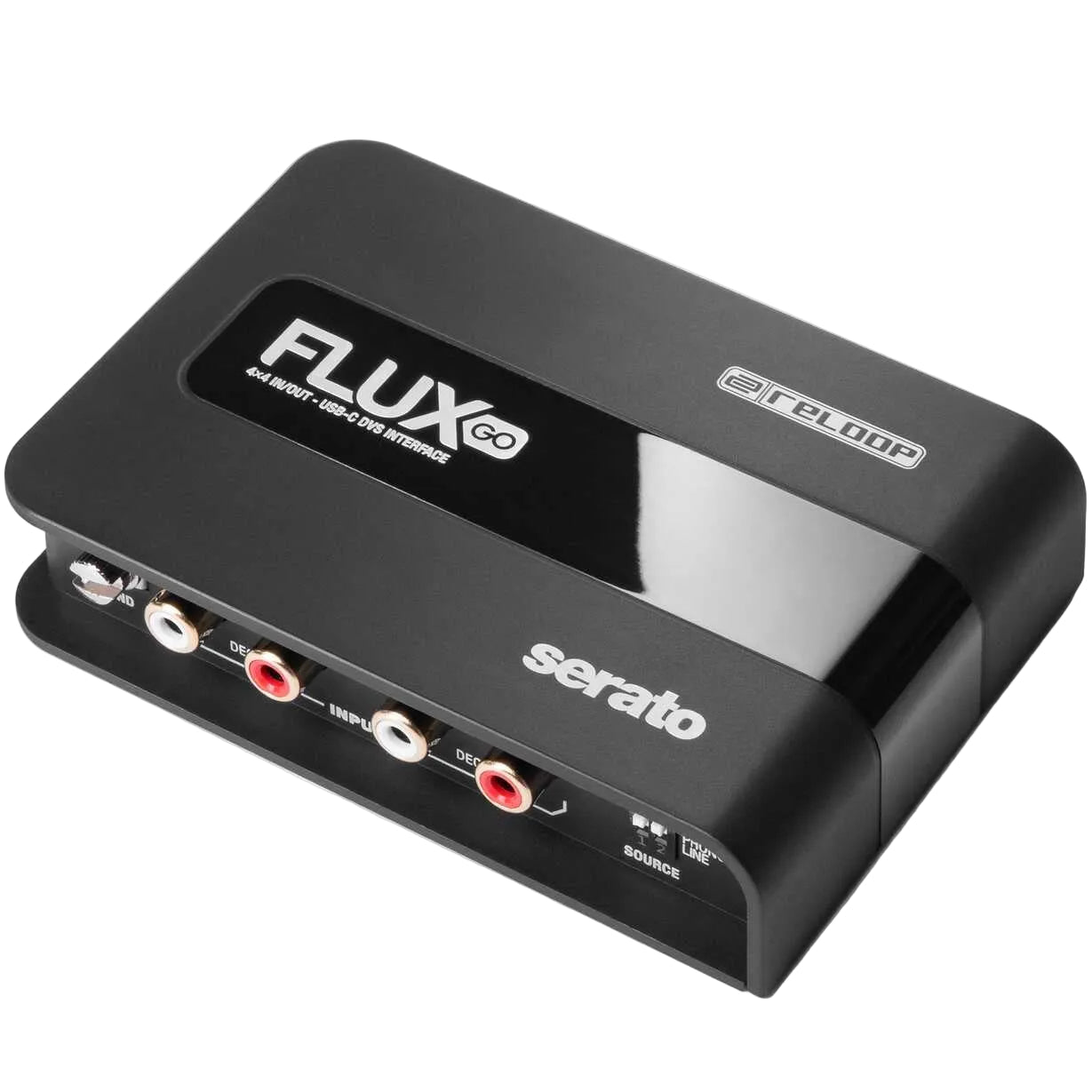 Reloop Flux Go USB audio interface with multiple input ports and sleek design for music production and DJ setup.