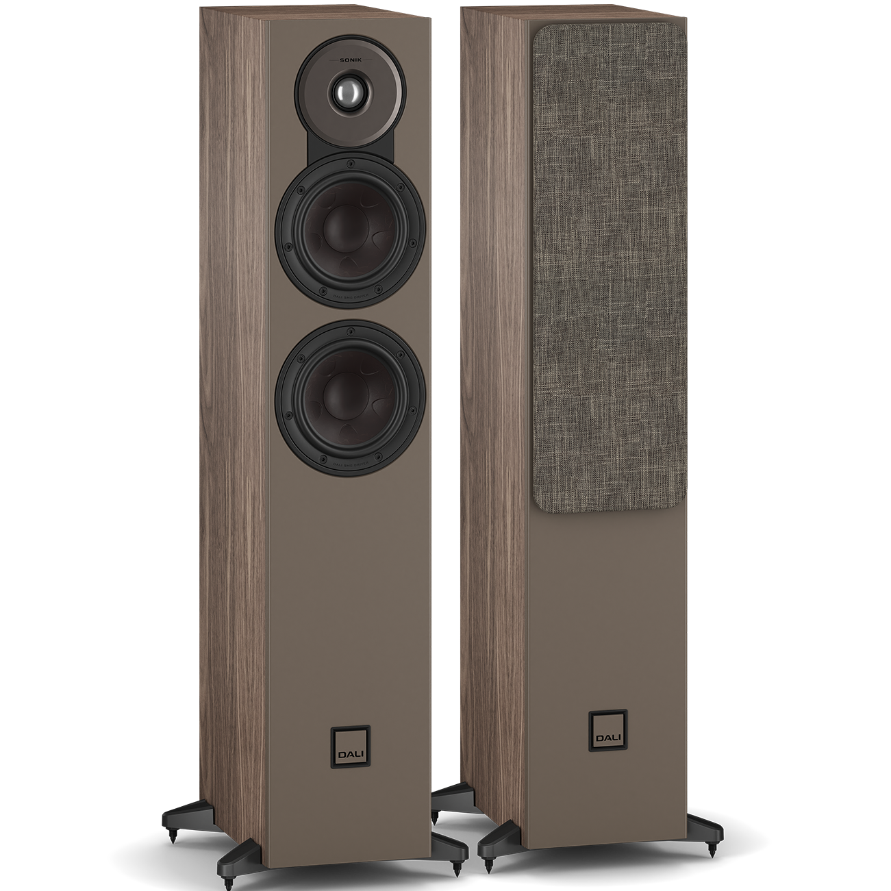 DALI Sonik 5 passive floorstanding speakers with sleek black cabinets and multiple drivers for rich audio performance