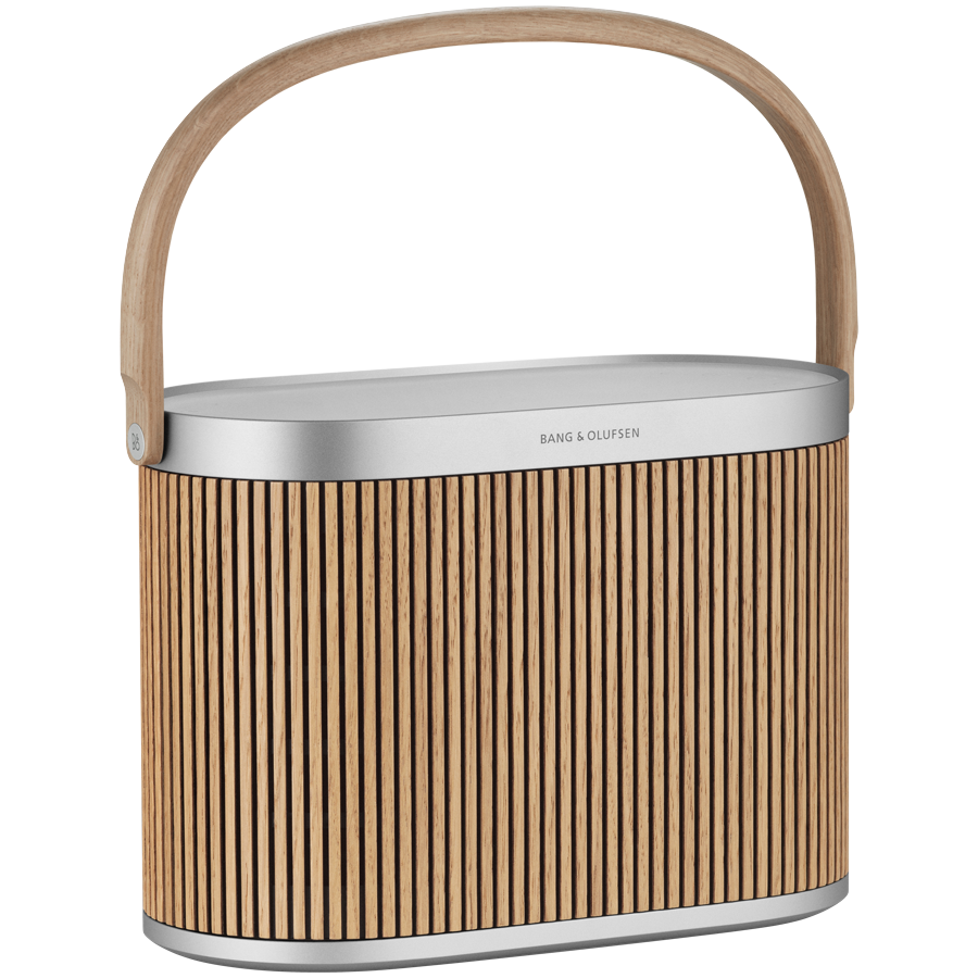 Bang & Olufsen Beosound A5 portable speaker, sleek design with fabric cover and control buttons on top.
