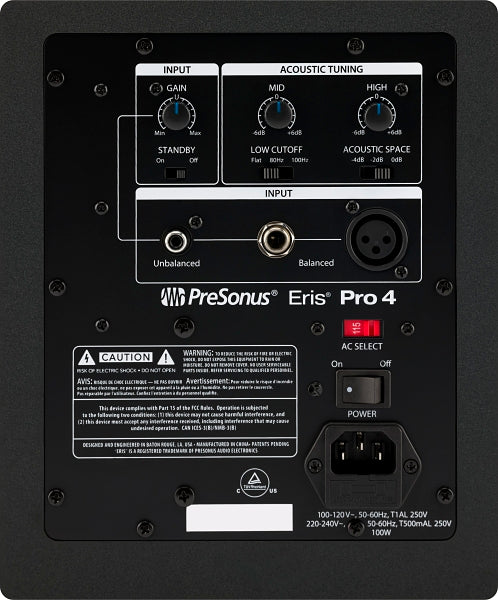 Presonus Eris Pro 4 active nearfield monitor speakers shown from the back with control knobs and connection ports.