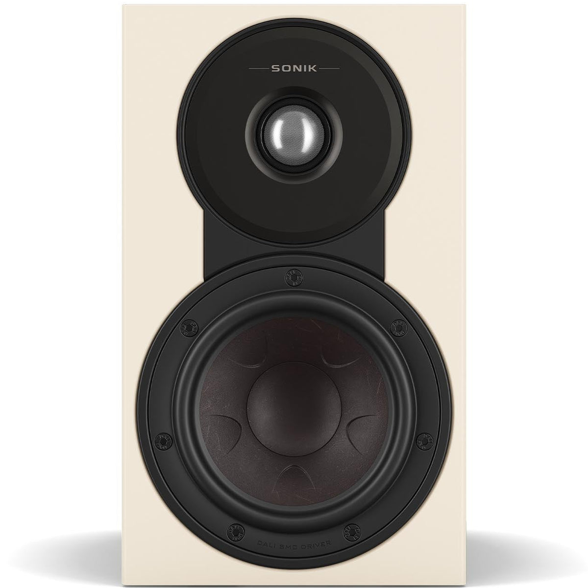 DALI Sonik 1 passive bookshelf speakers showing black woodgrain finish and compact design for home audio systems.