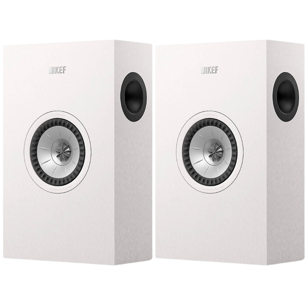 KEF Q4 Meta in-wall and outdoor speakers showing sleek black design with protective grilles and mounting hardware.