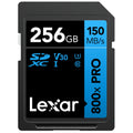 Lexar SDXC 800x Pro UHS-I memory card with red and black design, showing storage capacity and U3 speed class.