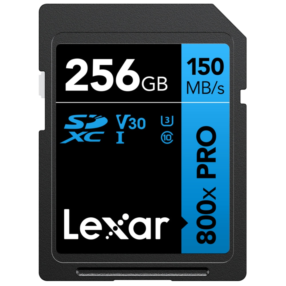 Lexar SDXC 800x Pro UHS-I memory card with red and black design, showing storage capacity and U3 speed class.
