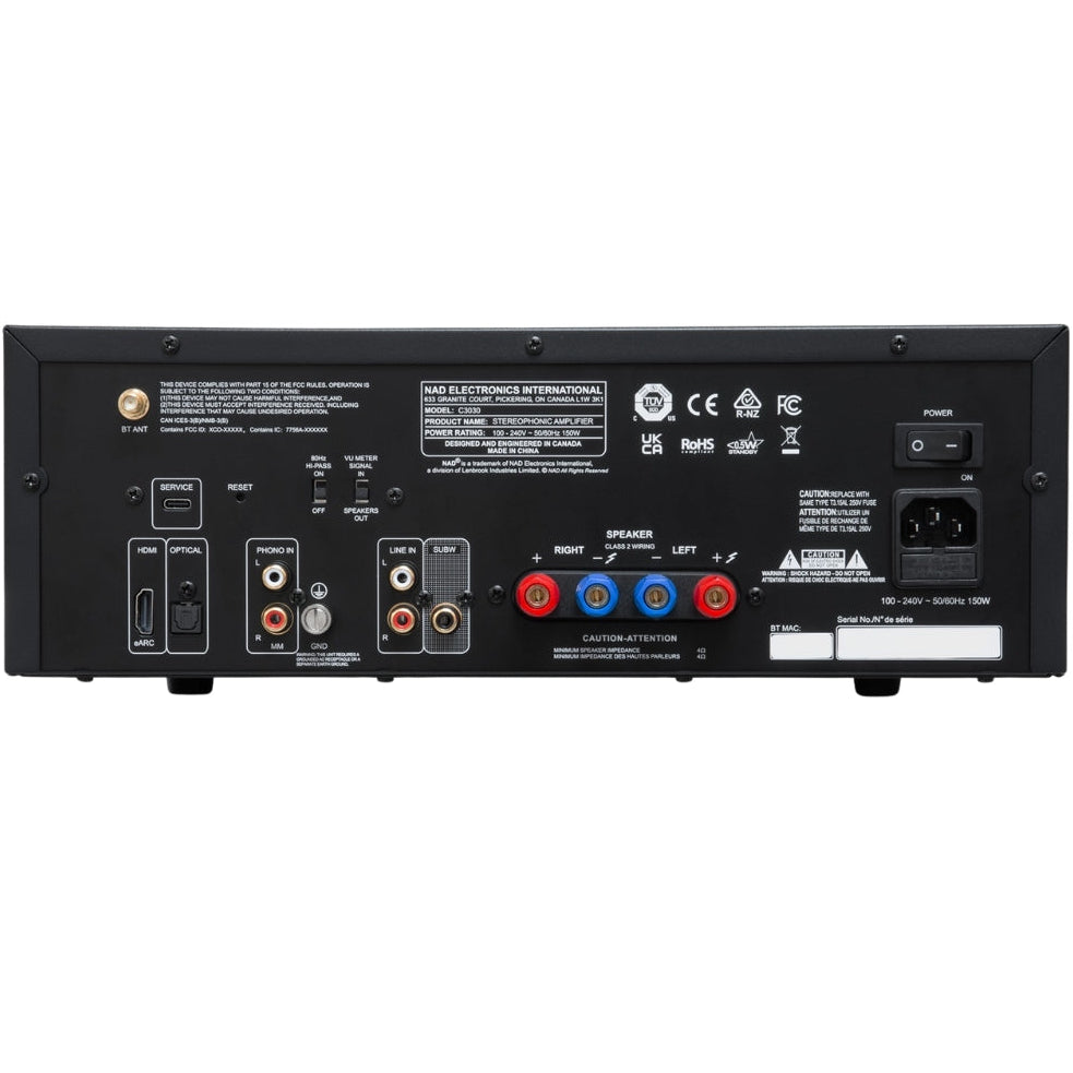 NAD C 3030 stereo amplifier with silver front panel, multiple knobs and input options, showcasing high-quality audio equipment.