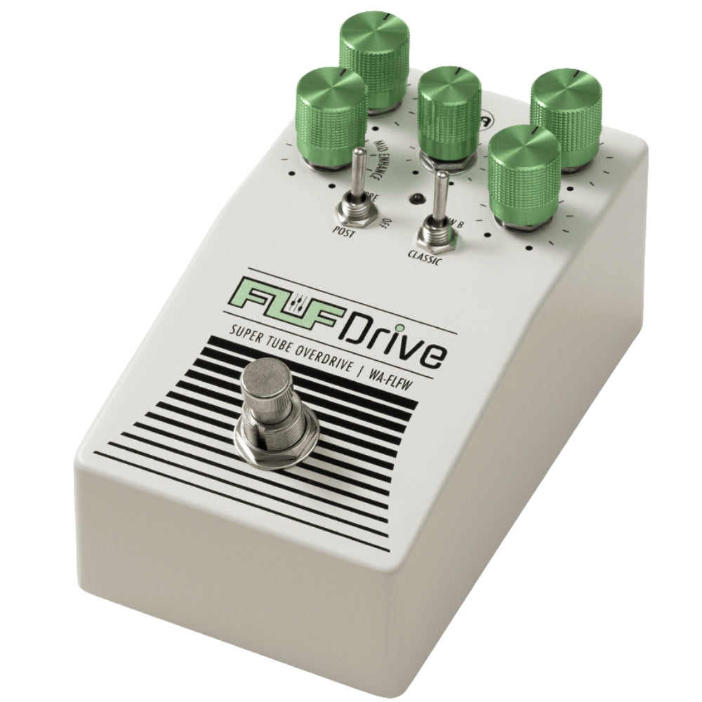 Warm Audio Fluff Drive guitar pedal with control knobs and input/output jacks visible in a close-up shot.