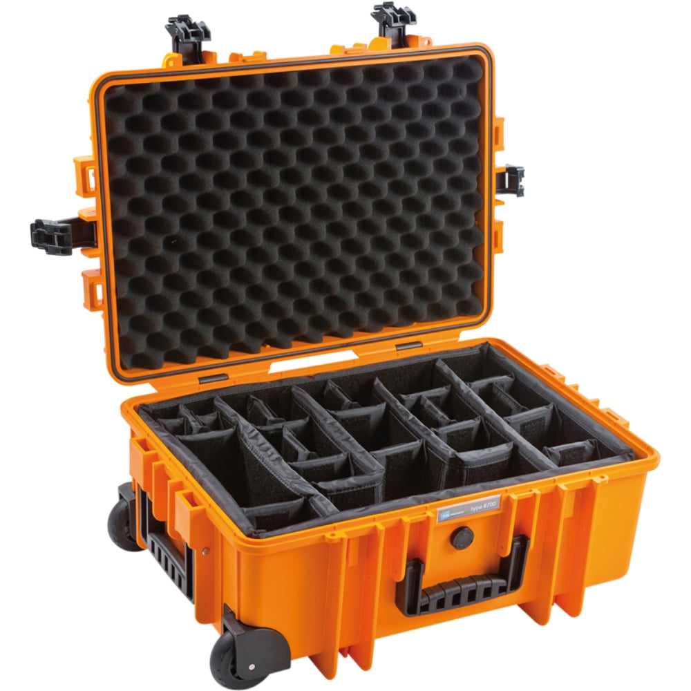 B&W Cases Type 6700 Divider System for video equipment bags showing organized foam dividers and storage compartments.