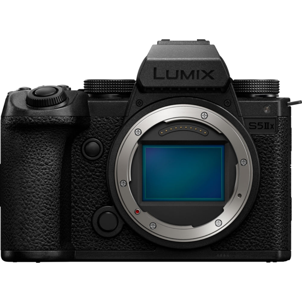 Panasonic Lumix S5M2X video camera with large lens and professional controls, suitable for high-quality filming and content creation.