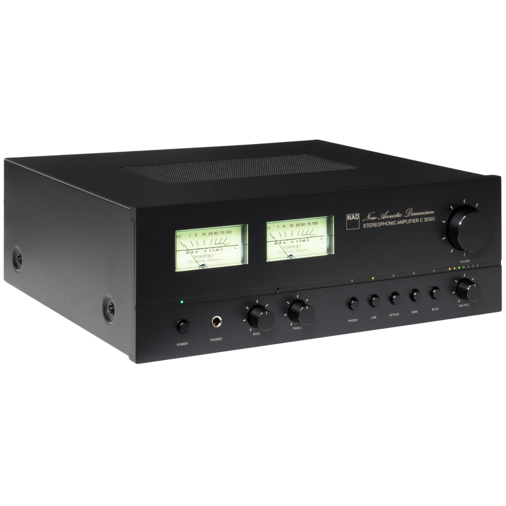 NAD C 3030S stereo amplifier with sleek black design and control knobs, showcasing high-quality audio equipment.