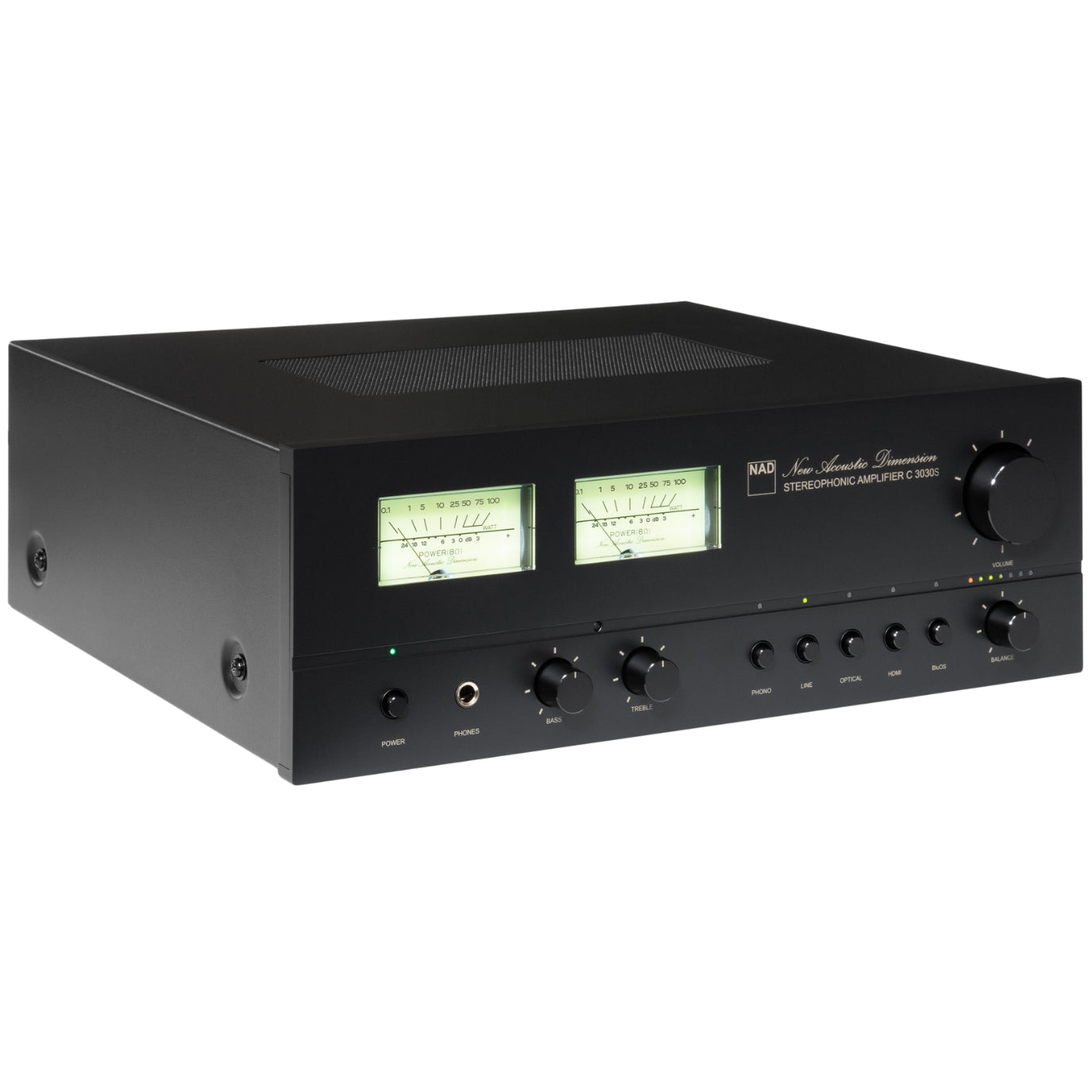 NAD C 3030S stereo amplifier with sleek black design and control knobs, showcasing high-quality audio equipment.