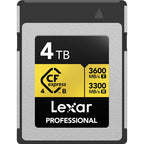 Lexar CFexpress 4.0 Pro Gold memory card with R3600/W3300 transfer speeds, shown in a close-up image highlighting its design.