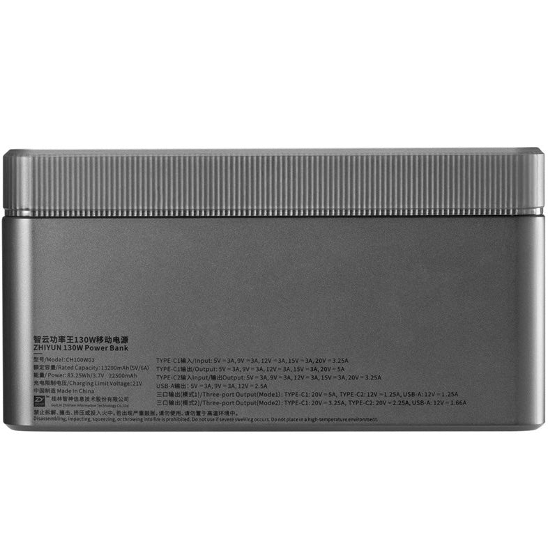Zhiyun Molus Power Bank 130W with multiple charging ports, compact design, and sleek black finish for portable power on the go.