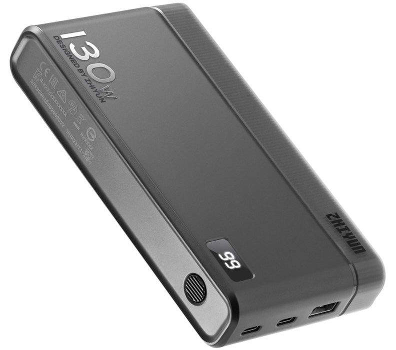Zhiyun Molus Power Bank Combo with 130W charging capacity, portable power bank for fast device charging, black exterior.