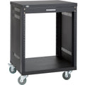 Samson SRK12 Metal Rack 12U in black, showing sturdy rackmount case with side handles for audio or equipment storage.