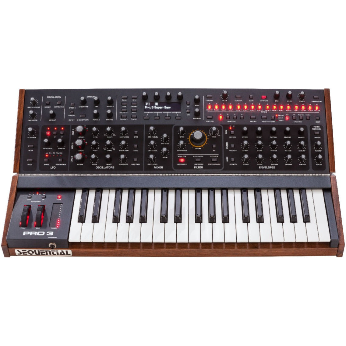 Sequential Pro 3 Special Edition synthesizer front view showing its sleek black design and control panel with various knobs and keys.