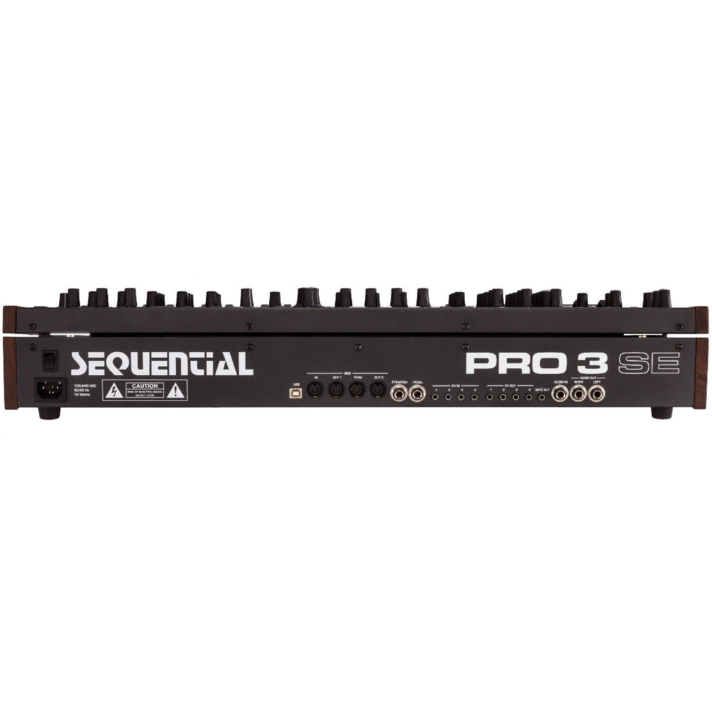 Sequential Pro 3 Special Edition synthesizer with front and back views, showcasing its controls and connectivity options.