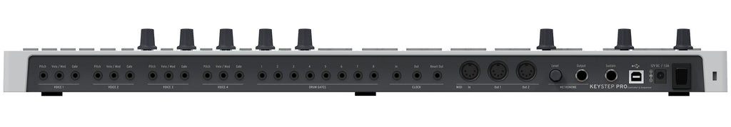 Arturia Keystep Pro sequencer with back view showing control knobs, connectivity ports, and compact keyboard layout.
