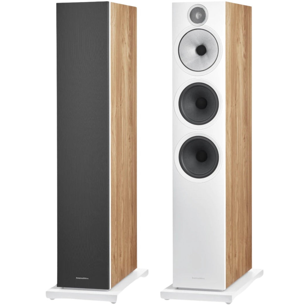 Bowers & Wilkins 603 S3 passive floorstanding speakers with black speaker grilles and wooden cabinet finish.