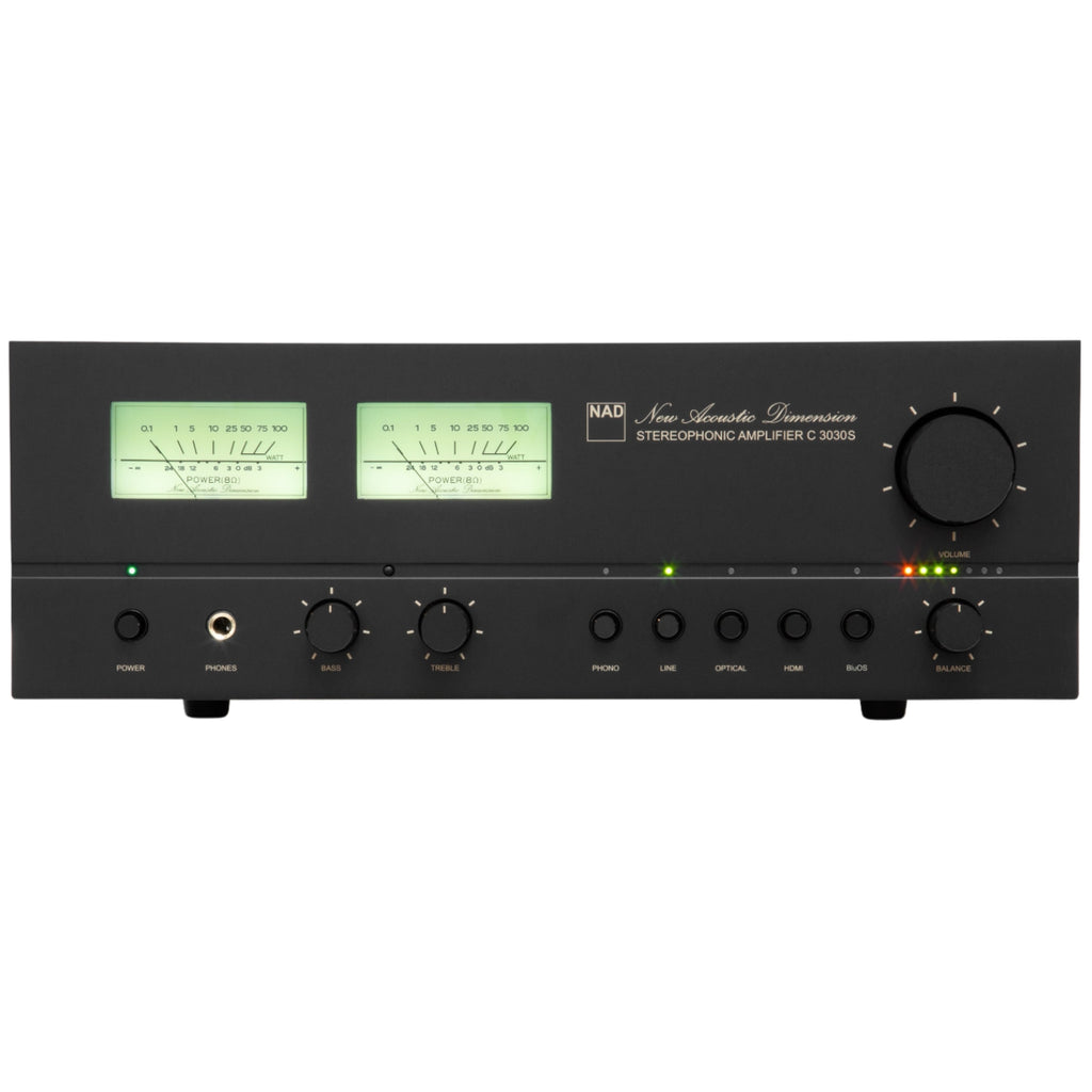 NAD C 3030S stereo amplifier with black metal chassis, control knobs, and input ports on the front panel.