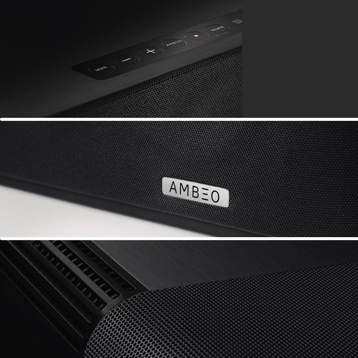 Sennheiser Ambeo Soundbar Max with sleek black design, featuring multiple speaker drivers and a minimalist front panel.