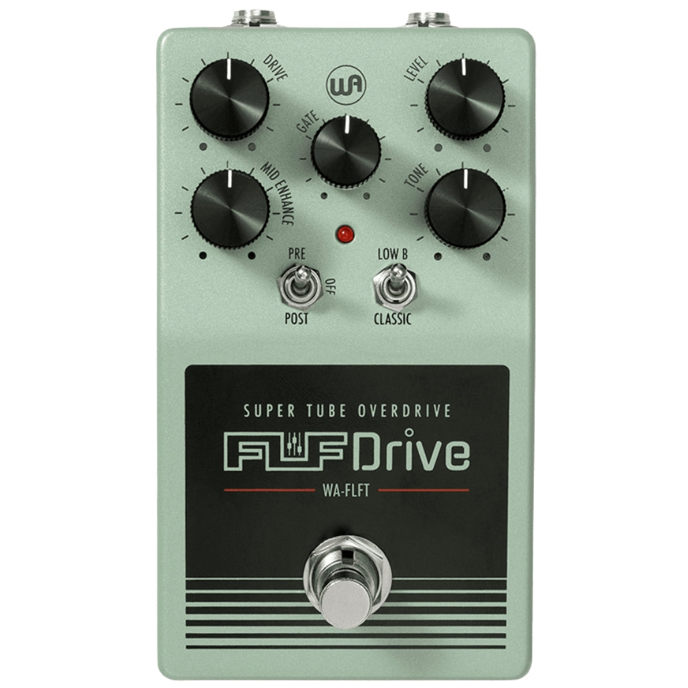 Warm Audio Fluff Drive guitar pedal with control knobs and input/output jacks, showcasing its compact design and build quality.