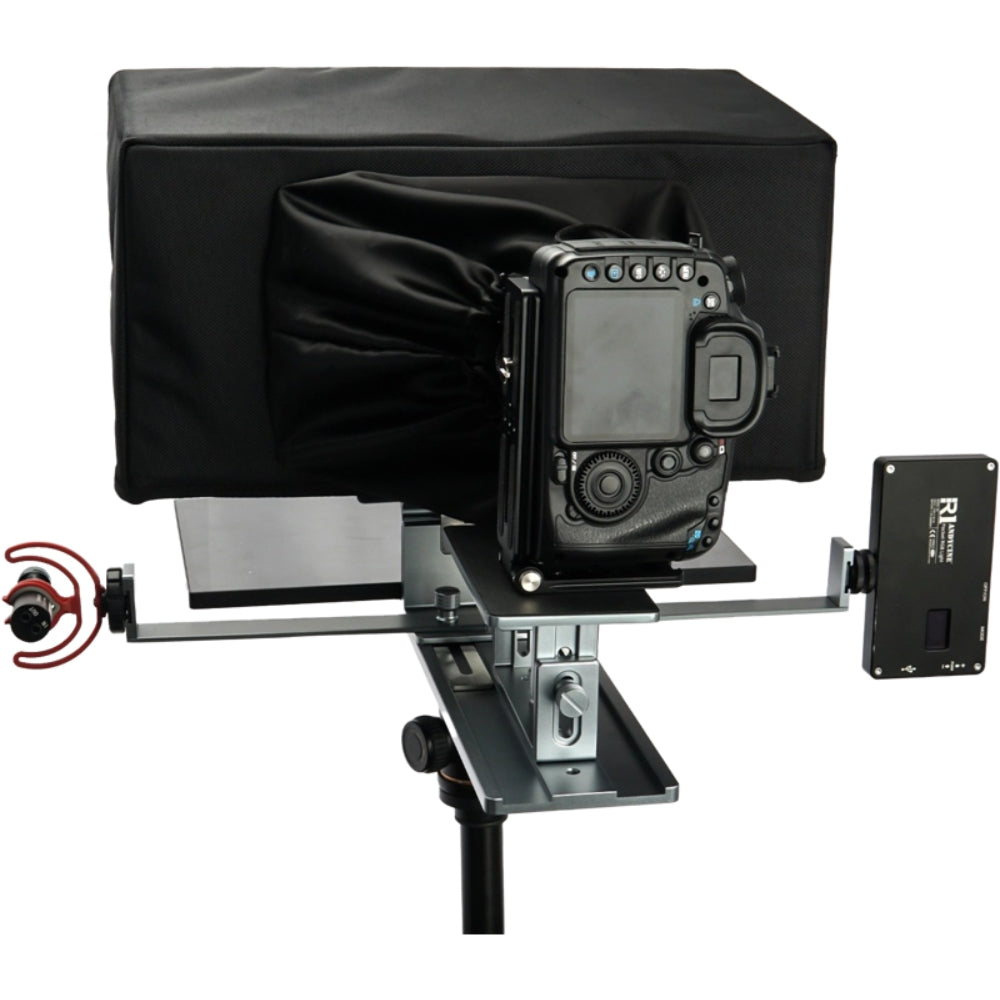 Feelworld TP16 teleprompter with adjustable glass and mounting accessories for smooth script reading during video recordings.