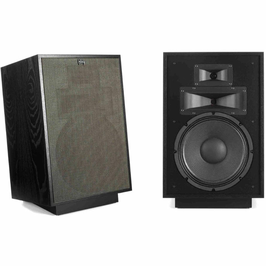 Klipsch Heresy IV floorstanding speakers with black finish, showcasing the sleek design and speaker drivers.