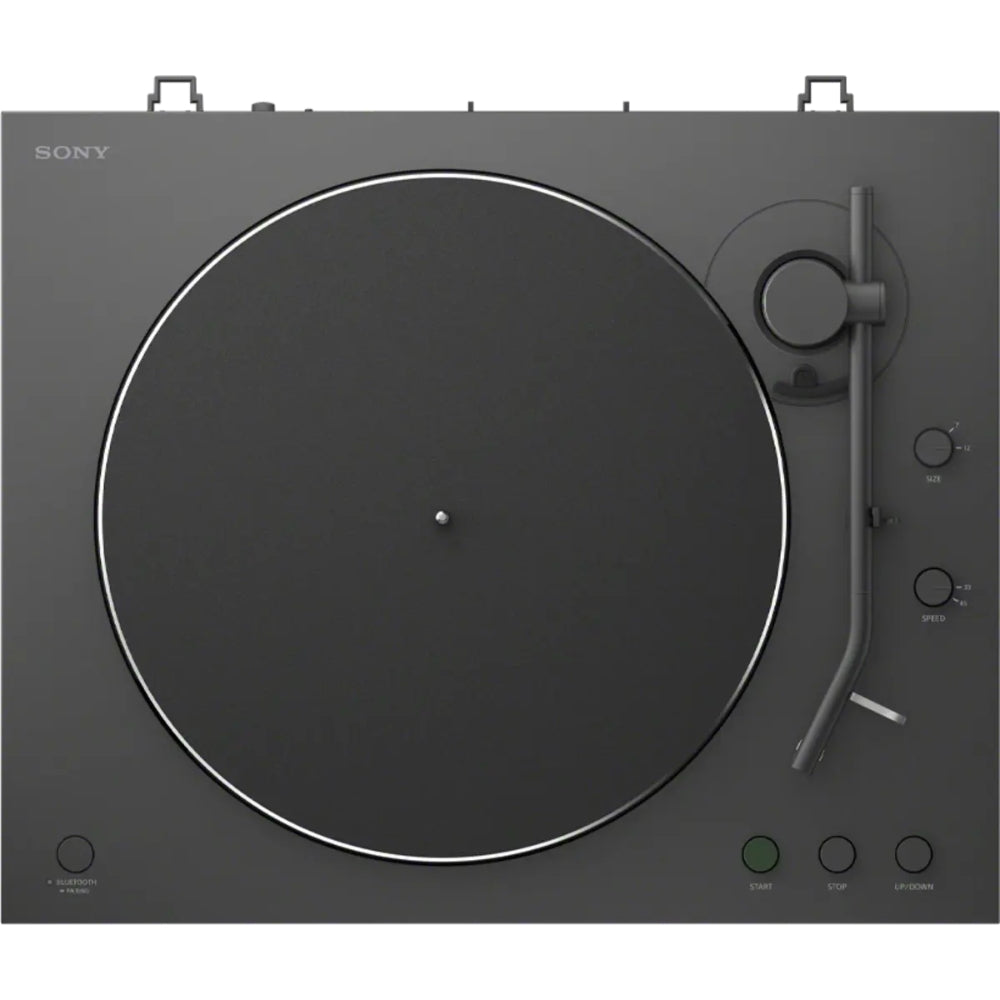 Sony PS-LX3BT turntable with Bluetooth connection, featuring a sleek black design and manual tonearm for vinyl playback.