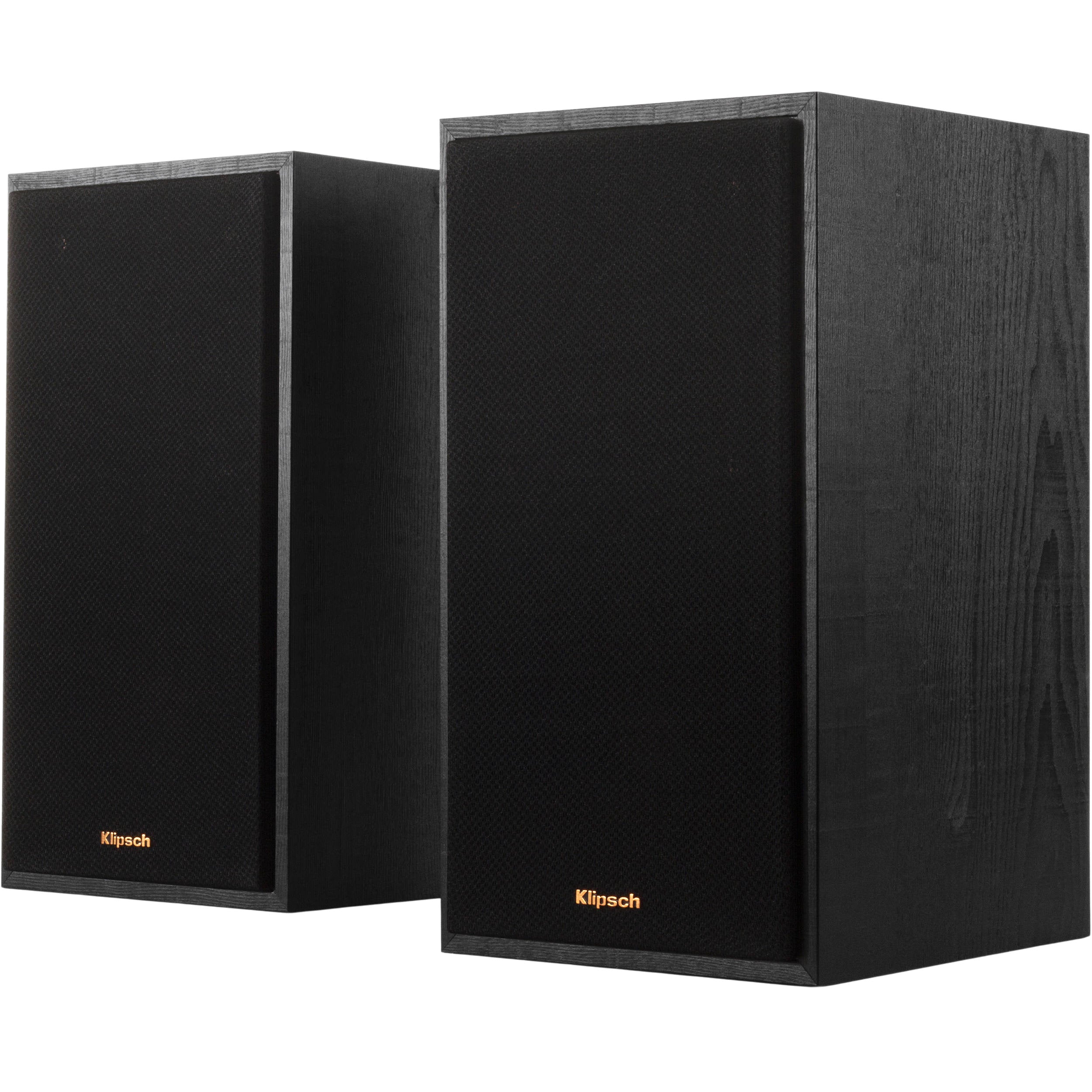 Klipsch R-51PM active bookshelf speakers with black wood finish and front control panel, designed for home audio setup.