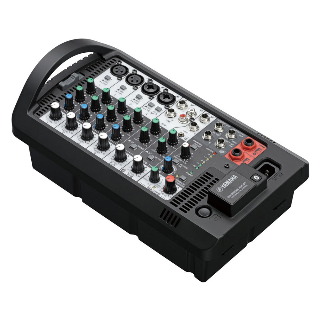 Yamaha Stagepas 400BT portable PA speakers and audio system with control panel and connectivity ports.