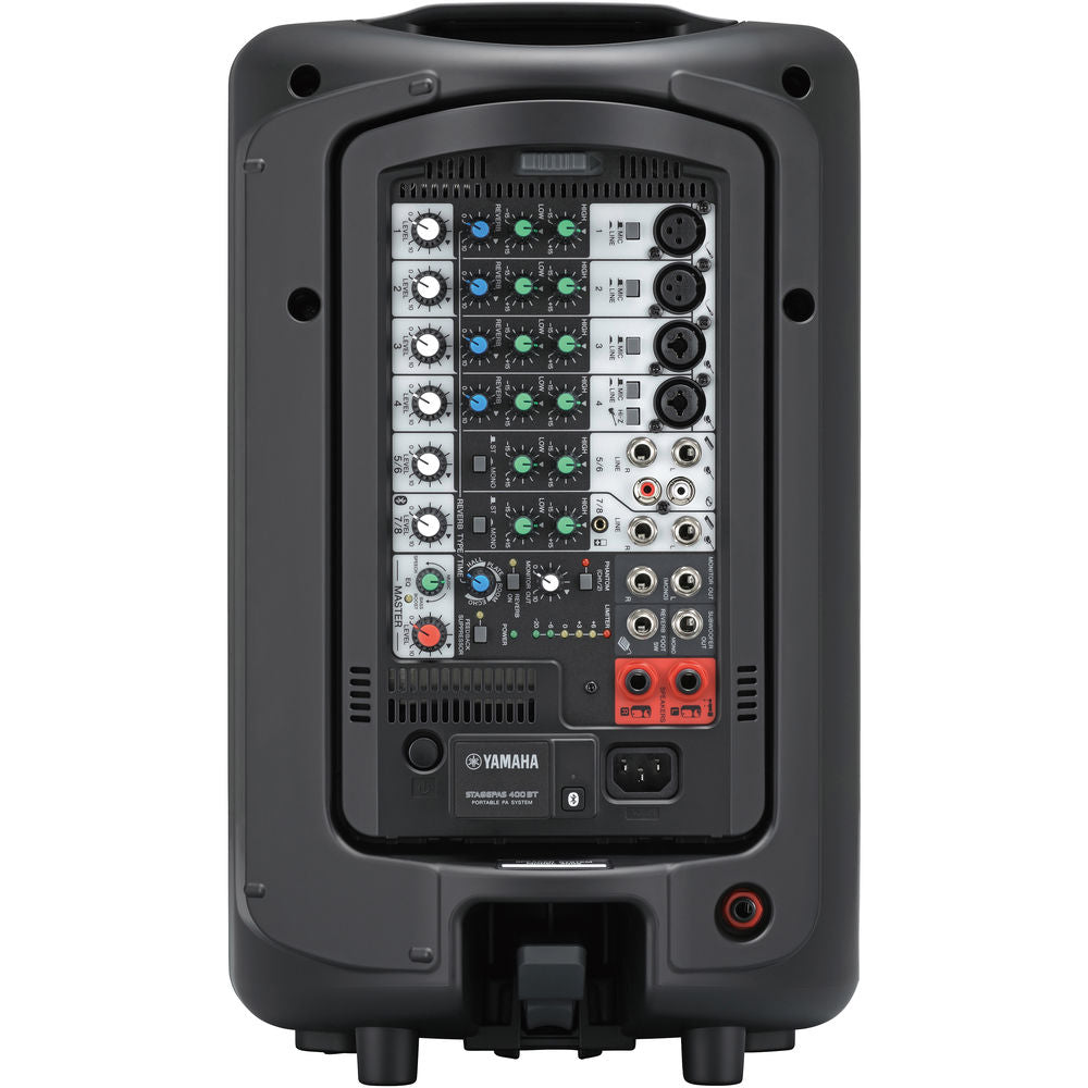 Yamaha Stagepas 400BT portable PA speakers and system with control panel and built-in Bluetooth connectivity.