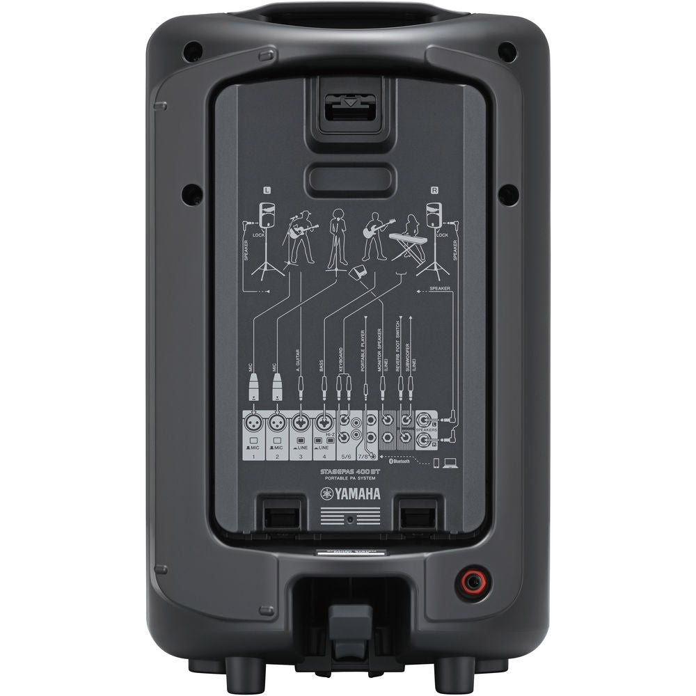 Yamaha Stagepas 400BT portable PA speaker system with dual speakers and control panel for live sound performances.