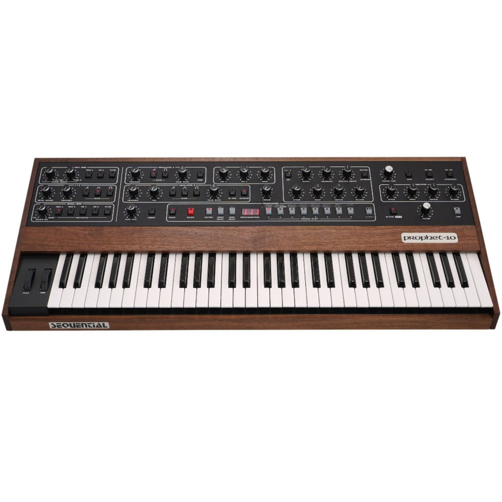 Sequential Prophet-10 synthesizer front view, showing its vintage-style control panel and keyboard layout.
