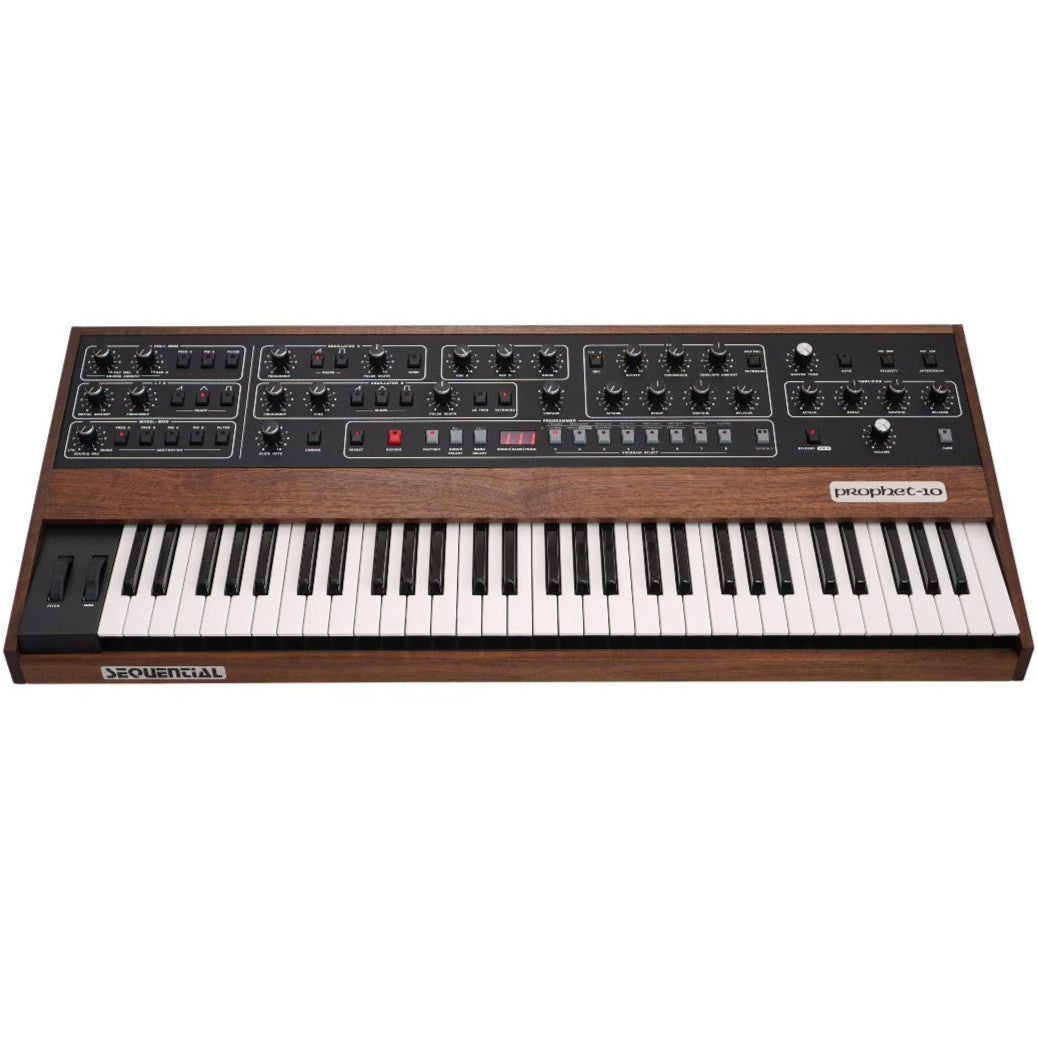 Sequential Prophet-10 synthesizer front view, showing its vintage-style control panel and keyboard layout.