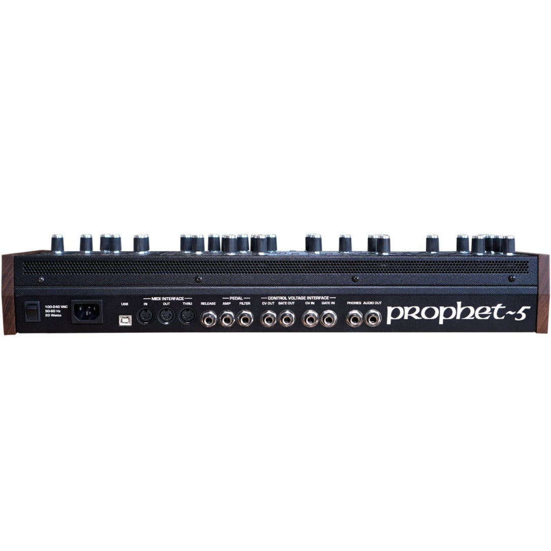 Sequential Prophet-5 Desktop synthesizer shown from the back, featuring control knobs, input/output ports, and sleek design.