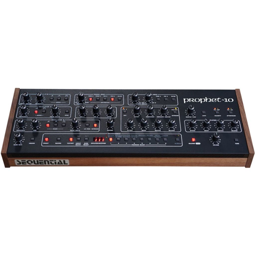 Sequential Prophet-10 Desktop synthesizer shown from front angle, featuring its control panel and keyboard keys.