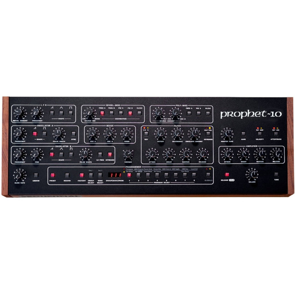 Sequential Prophet-10 Desktop synthesizer with control panel and vintage-style knobs, designed for rich analog sound creation.