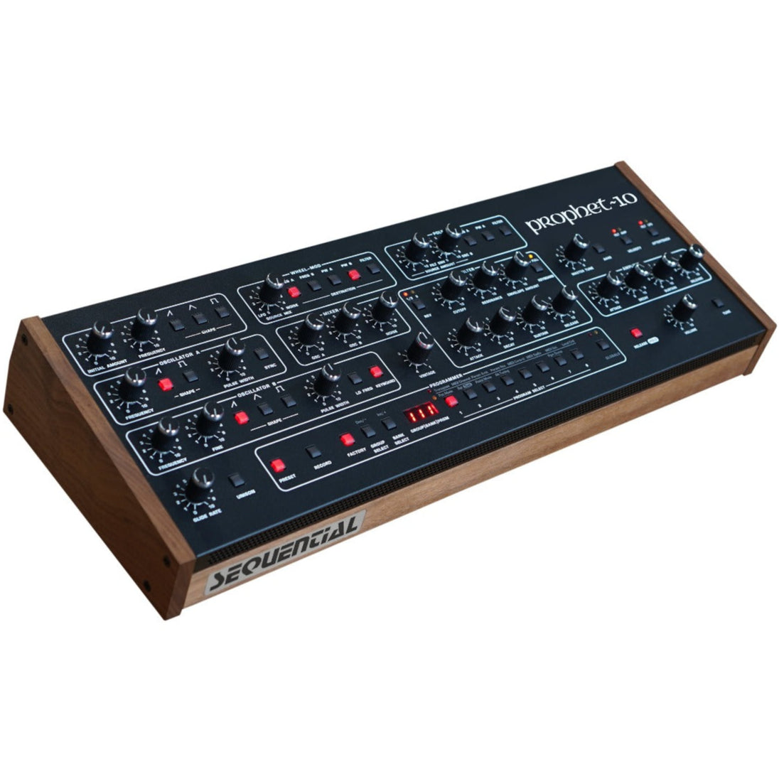 Sequential Prophet-10 Desktop synthesizer with dual keyboard layout and vintage-inspired controls, shown from a side angle.