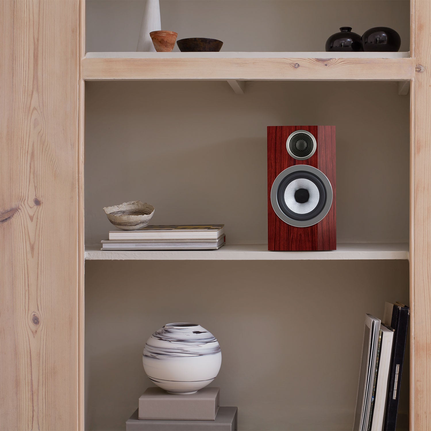 Bowers & Wilkins 707 S3 Prestige passive bookshelf speakers with black cabinets and silver drivers.
