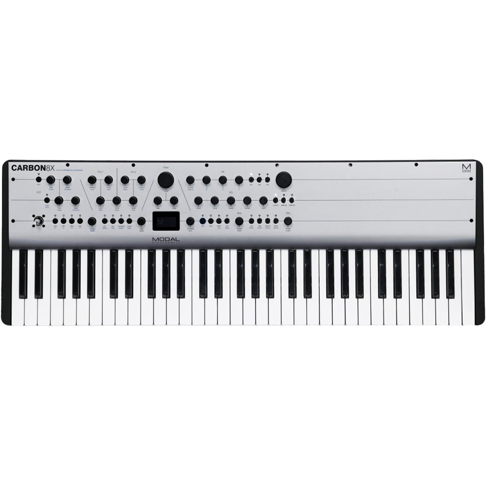 Modal Electronics Carbon8X synthesizer with a sleek black panel, numerous knobs, buttons, and a display screen for sound design.