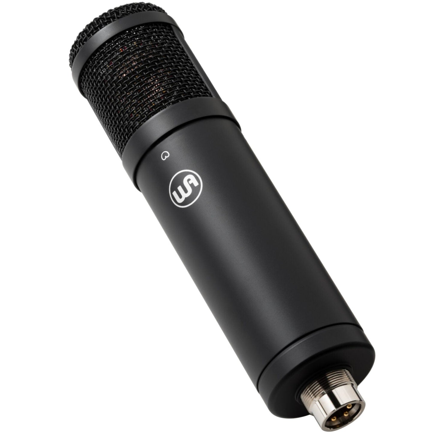 Black Warm Audio WA-47jr SE condenser microphone shown from an angled side view. Compact professional audio recording equipment.