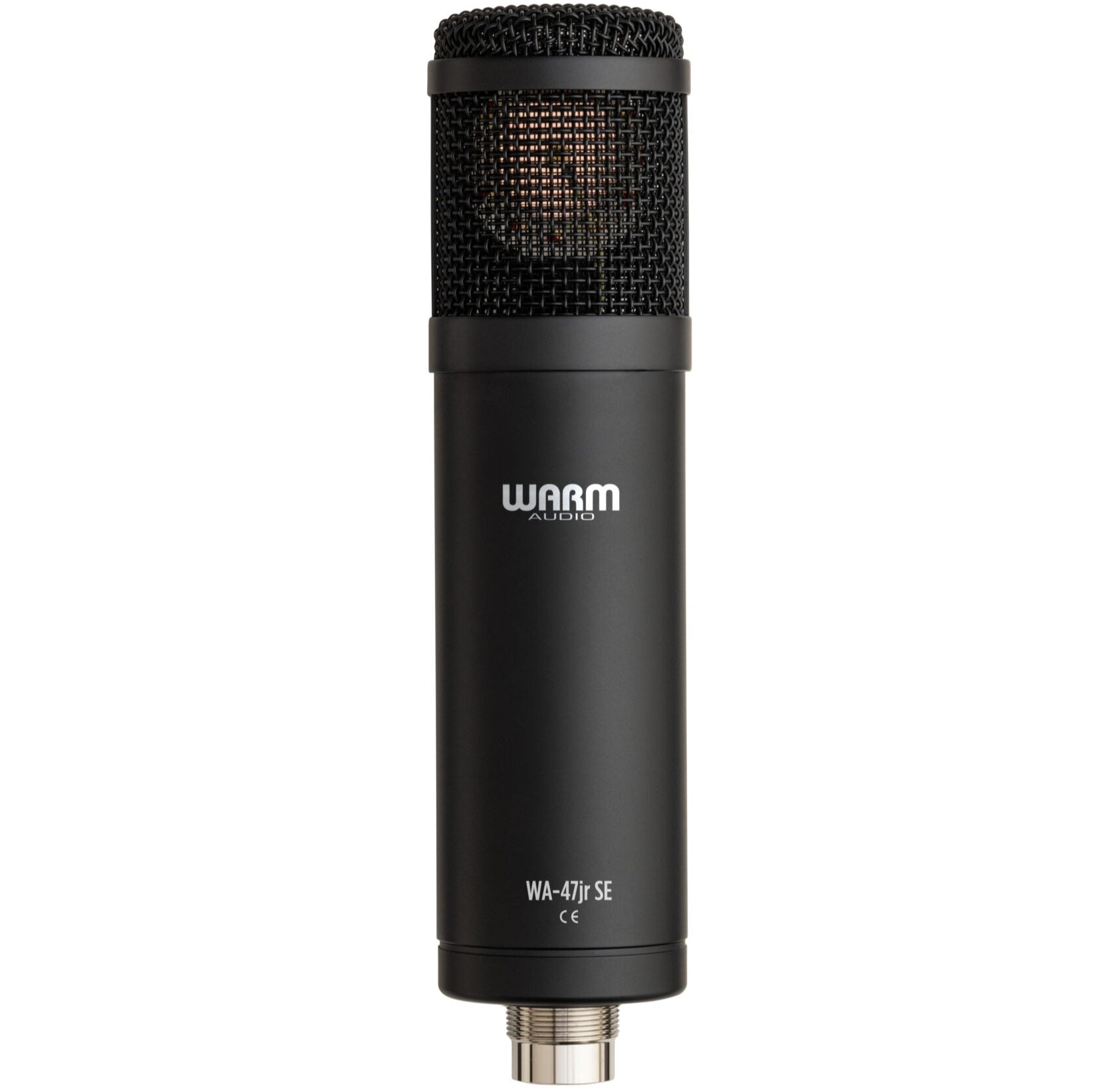 Warm Audio WA-47jr SE condenser microphone in black, showing a close-up of the compact, professional-grade microphone design.