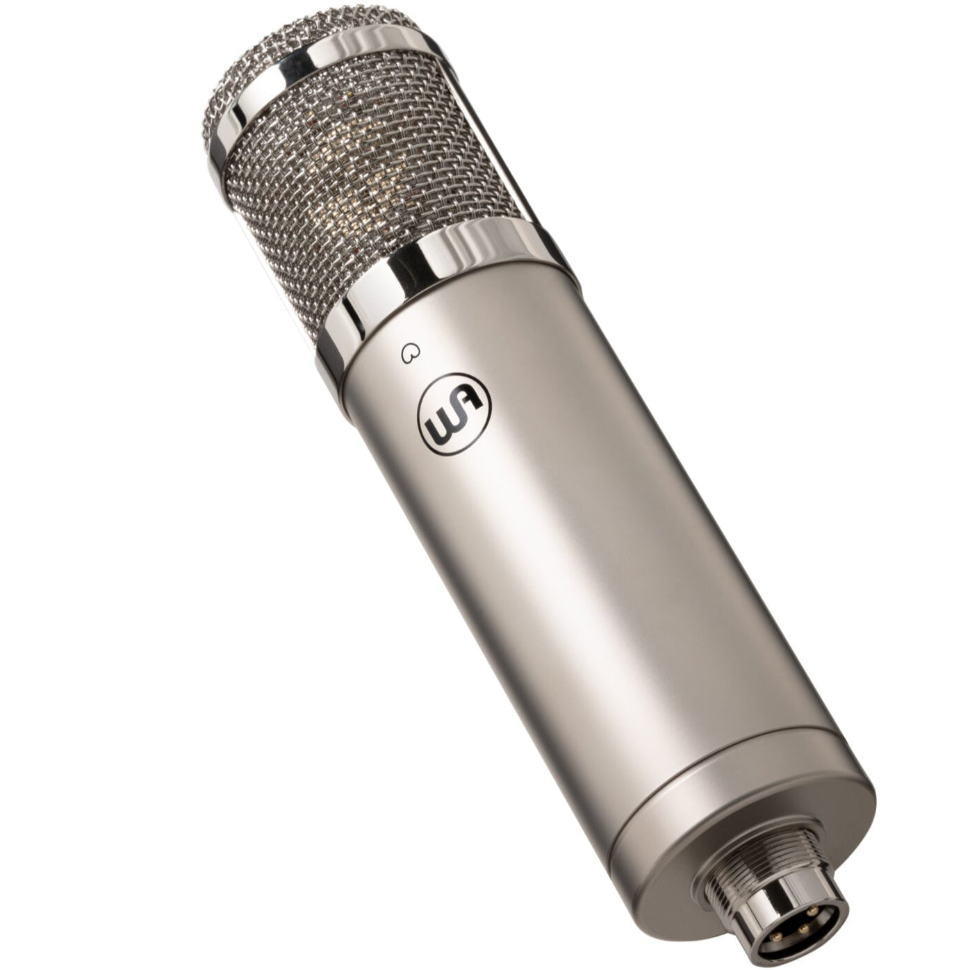 Warm Audio WA-47jr SE condenser microphone in nickel finish, shown at an angle highlighting the compact design and build quality.