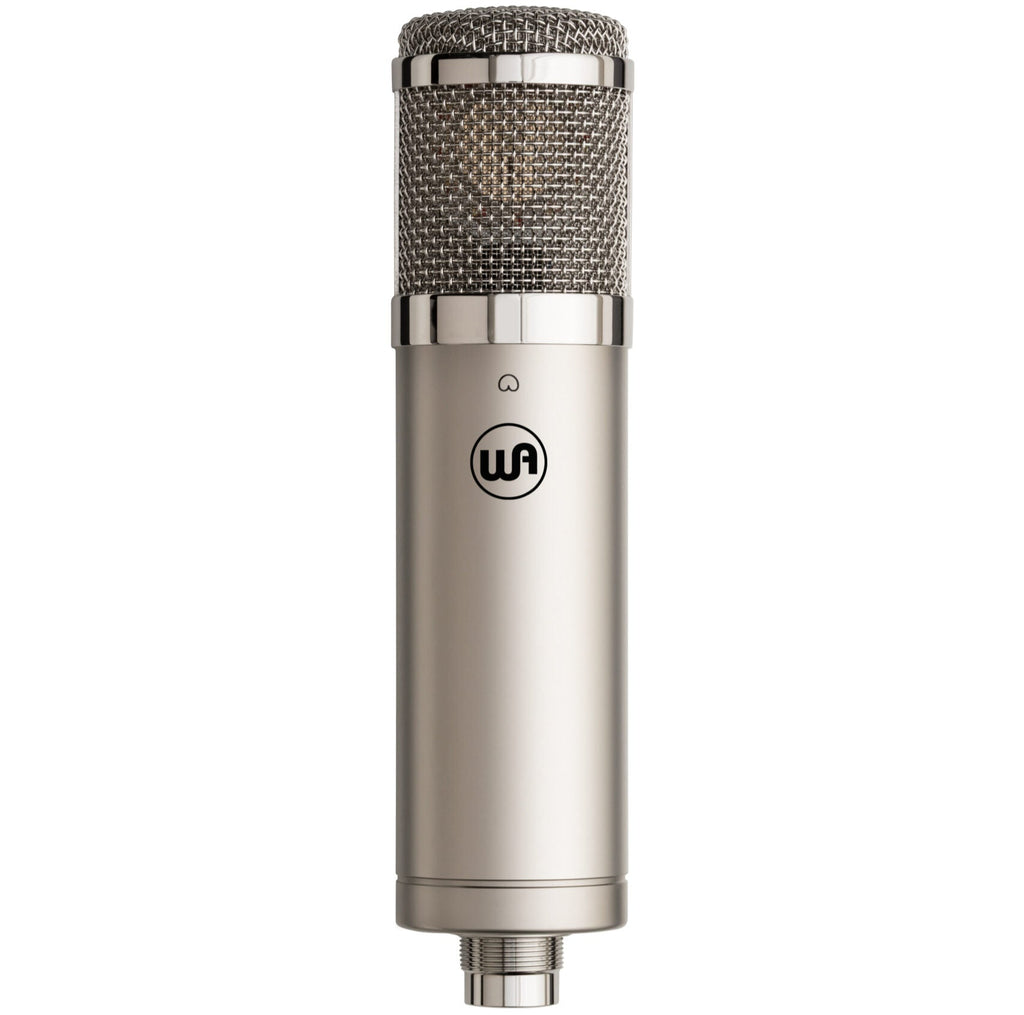 Warm Audio WA-47jr SE condenser microphone with nickel finish, front view showing microphone grille and branding.
